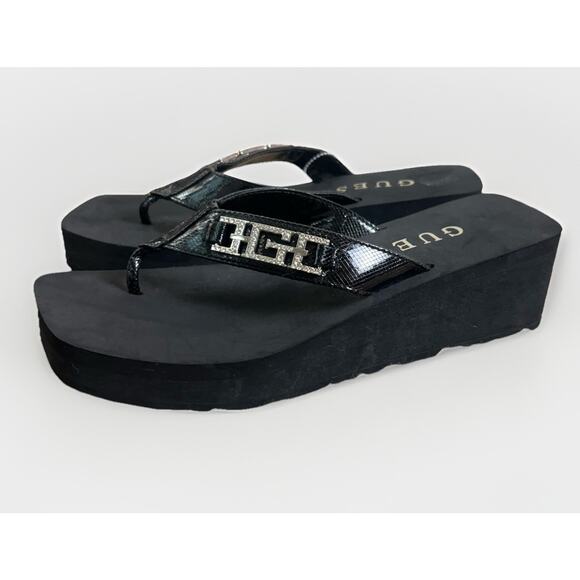 Guess Shoes - GUESS Platform Flip Flop Wedge Sandals 9M Black Logo Rhinestone Thong Women